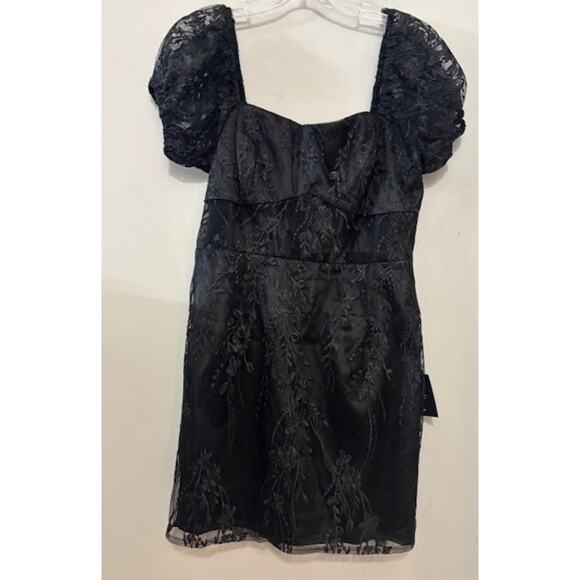 Lulus Seriously Cute Mini Dress Black Embroidered Mesh Puff Sleeve Large NWT - Picture 4 of 9